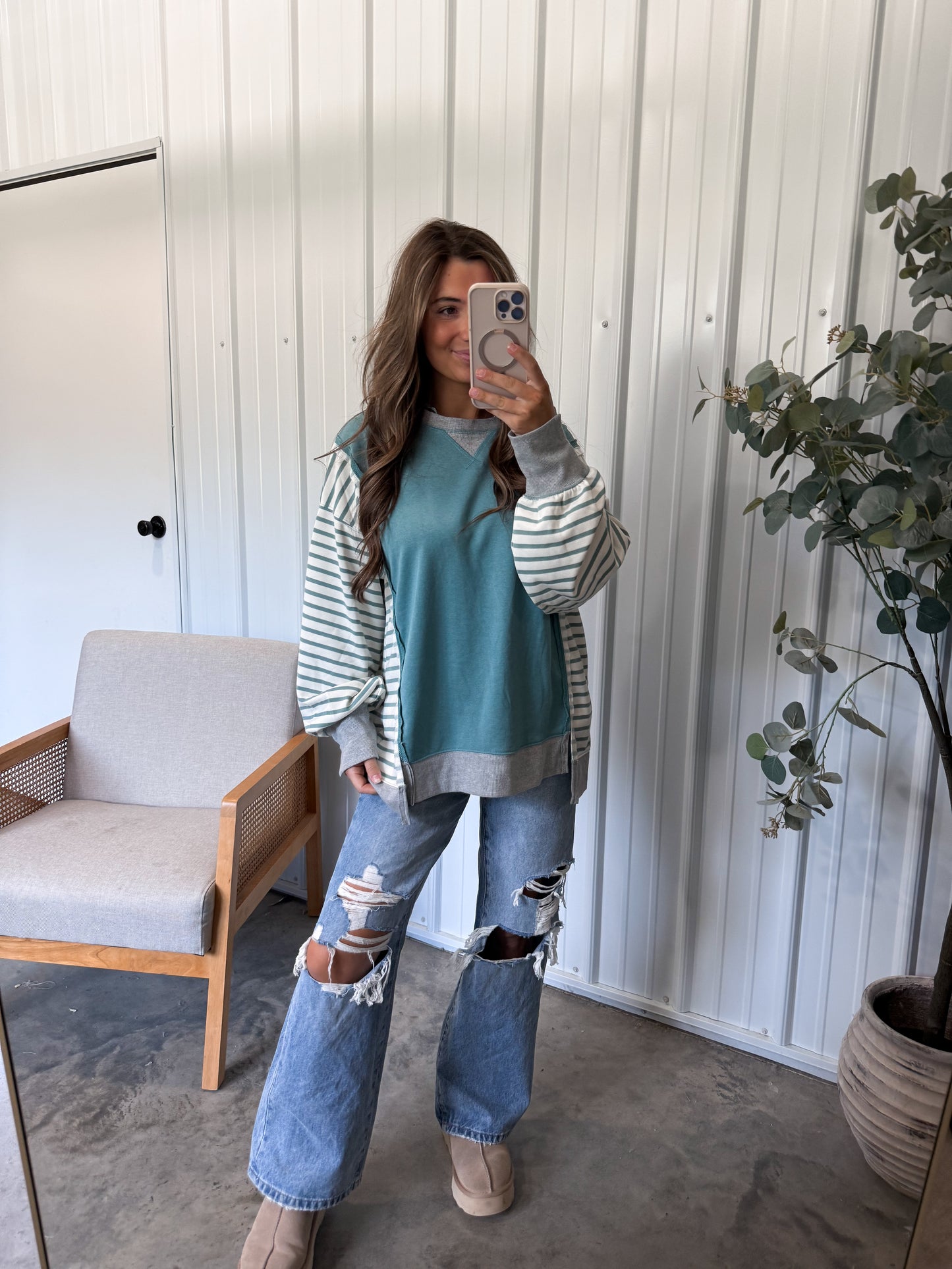 Oversized Striped Colorblock Pullover- sage