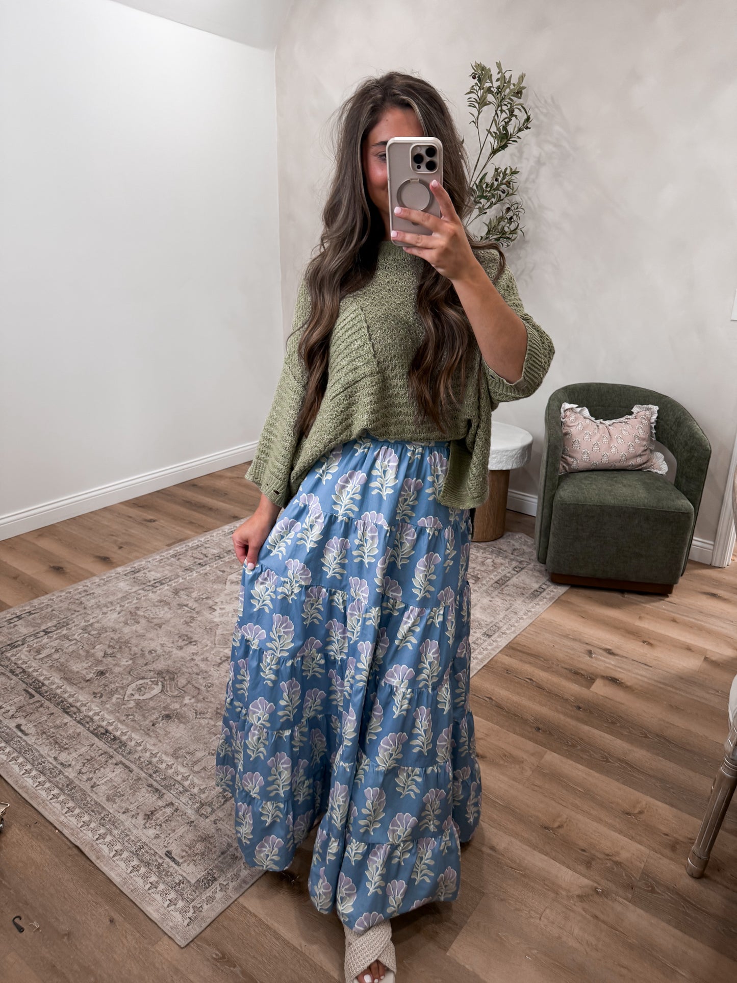 Isla High Rise Floral Maxi Skirt - blue