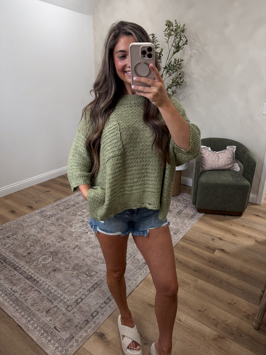 Vintage Comfort Distressed Knit Top - sage