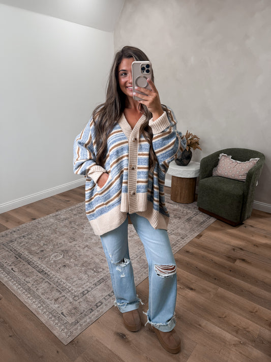 Wrapped In Love Striped Striped Cardigan - taupe/denim