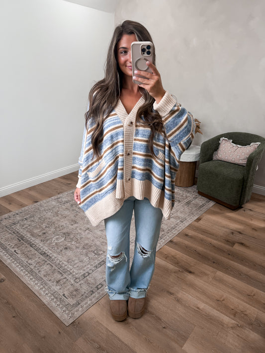 Wrapped In Love Striped Striped Cardigan - taupe/denim