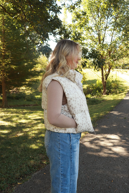 Quinn Leopard Puffer Vest - taupe