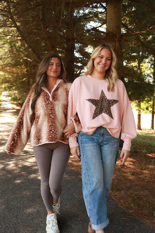 Leopard Star Long Sleeve Top - peach slush