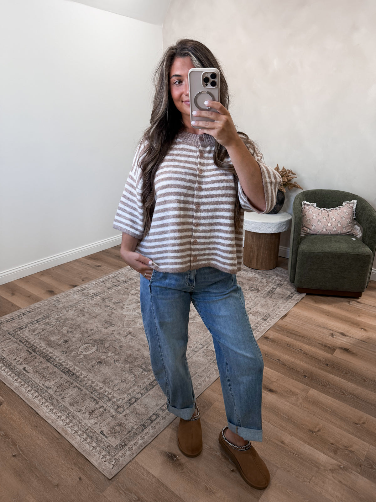 Shayla Striped short sleeve Cardigan - mocha