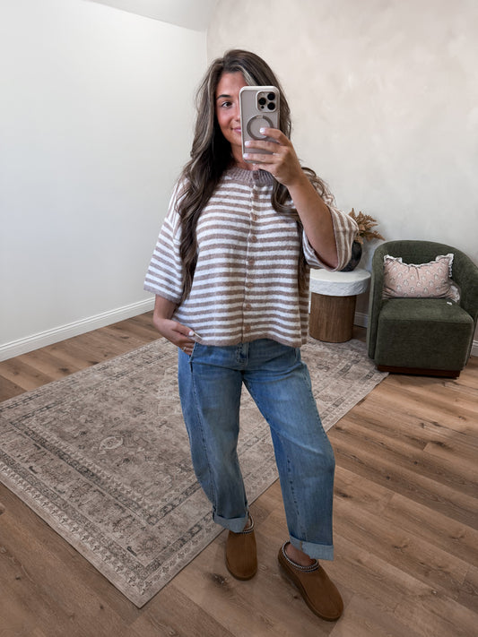 Shayla Striped short sleeve Cardigan - mocha