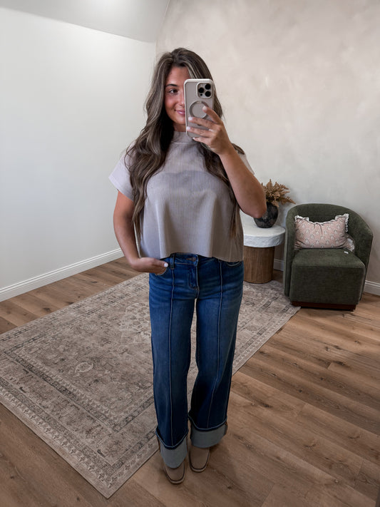Drew Cuffed Wide Leg Pintuck Jeans - dark