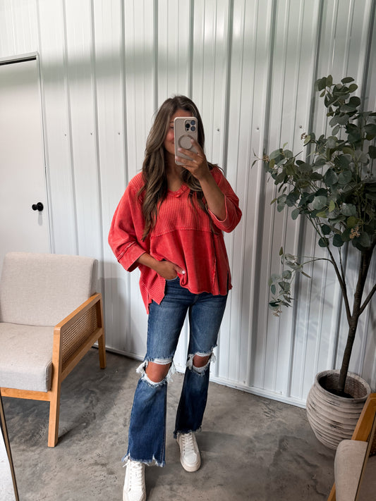 Amilia Mineral Wash Distressed Tee- red