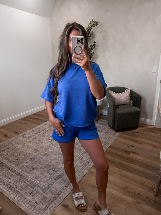 Cozy Meets Cute Textured Shorts Set - cobalt blue