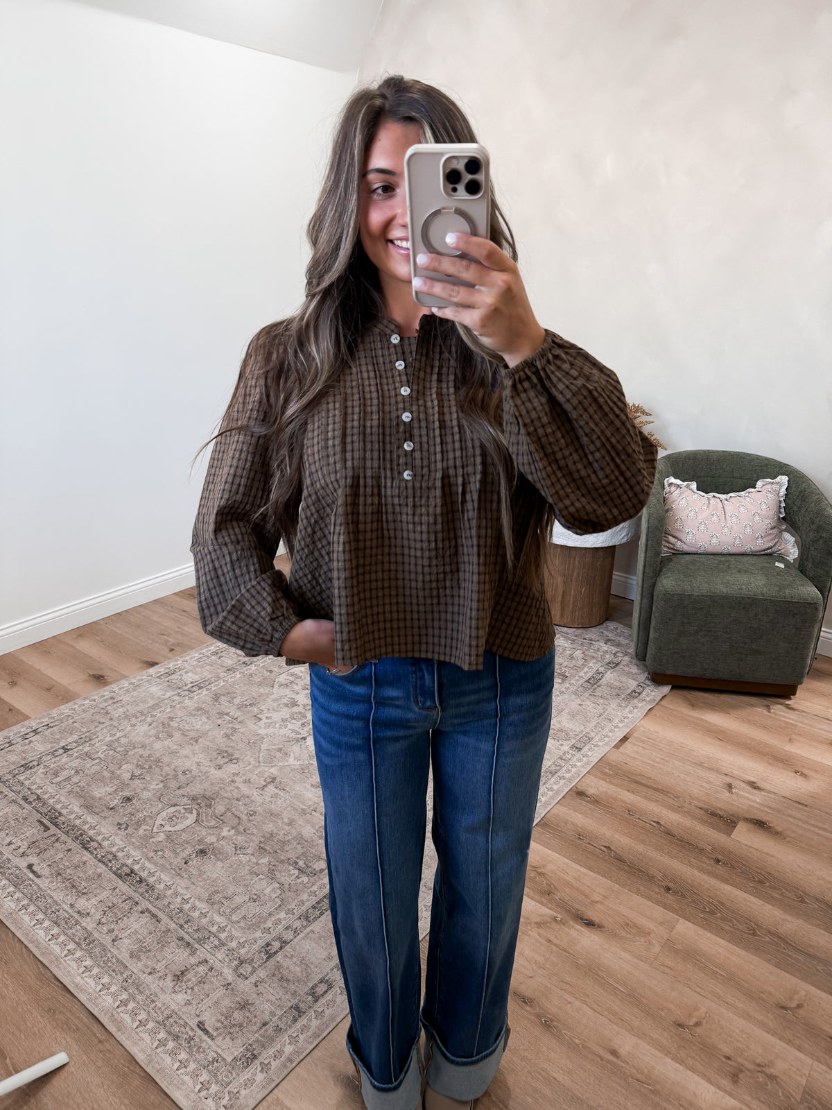 Cece Plaid Henley Top - brown