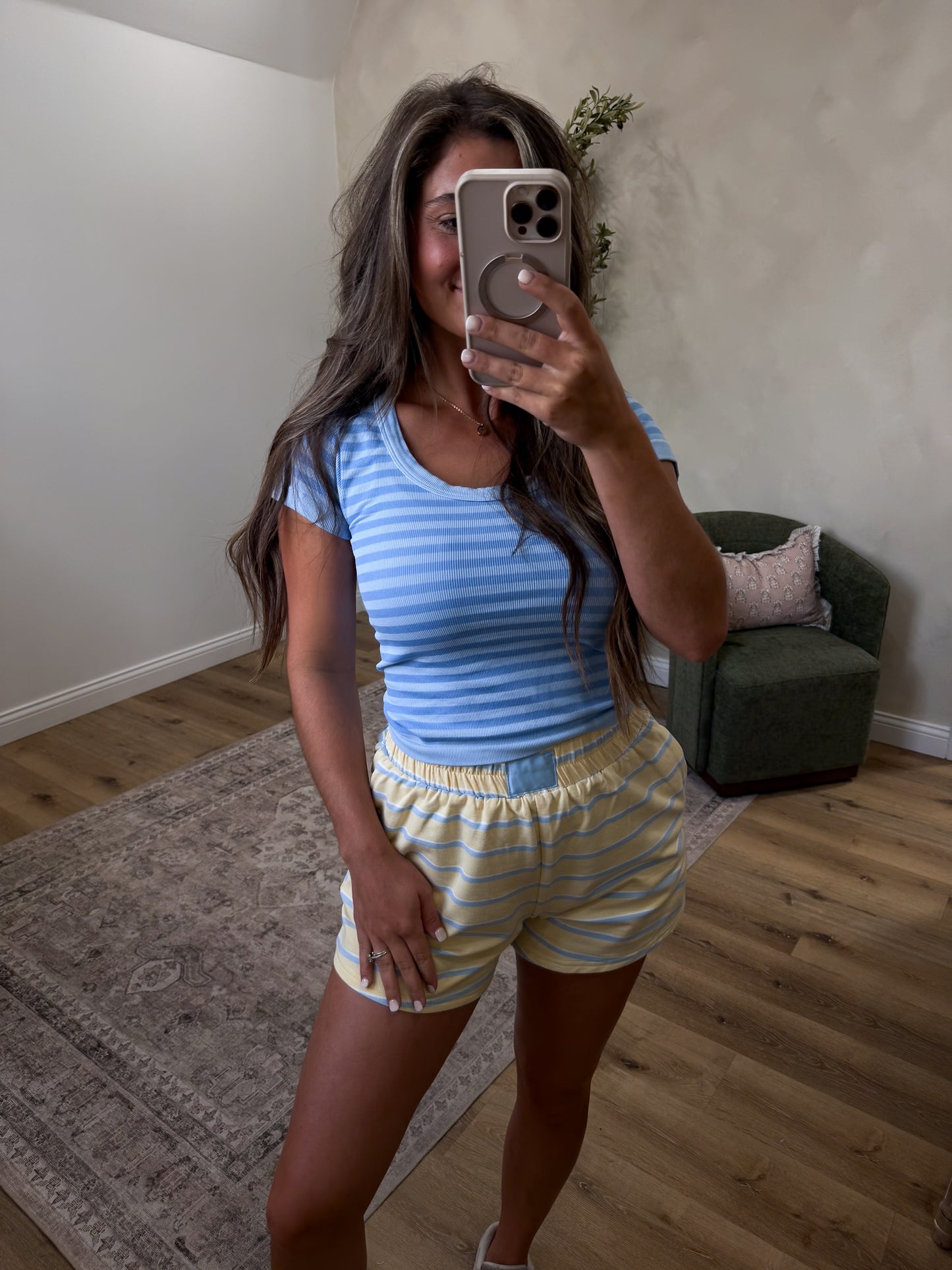 Retro Striped Scoop Neck Top - serene blue