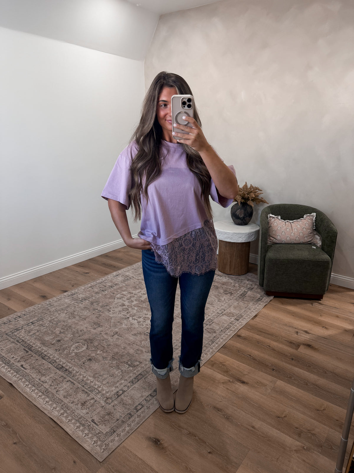 Same Wavelength Lace Asymmetrical Top - mauve