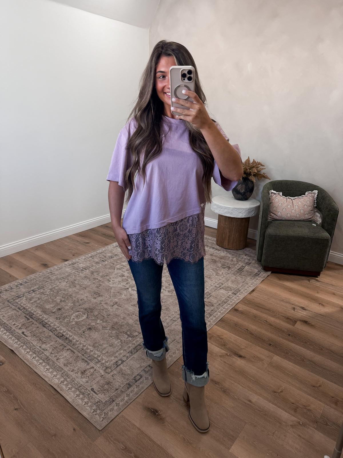 Same Wavelength Lace Asymmetrical Top - mauve