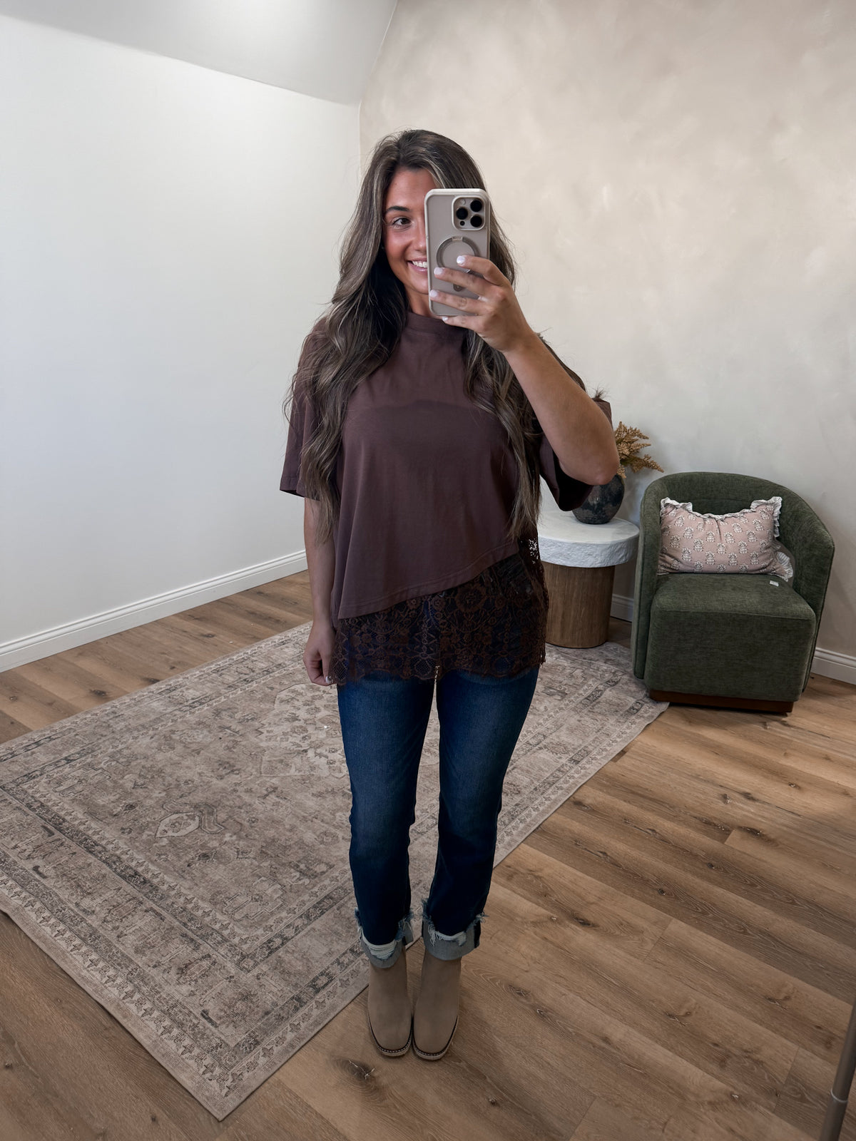 Same Wavelength Lace Asymmetrical Top - chocolate