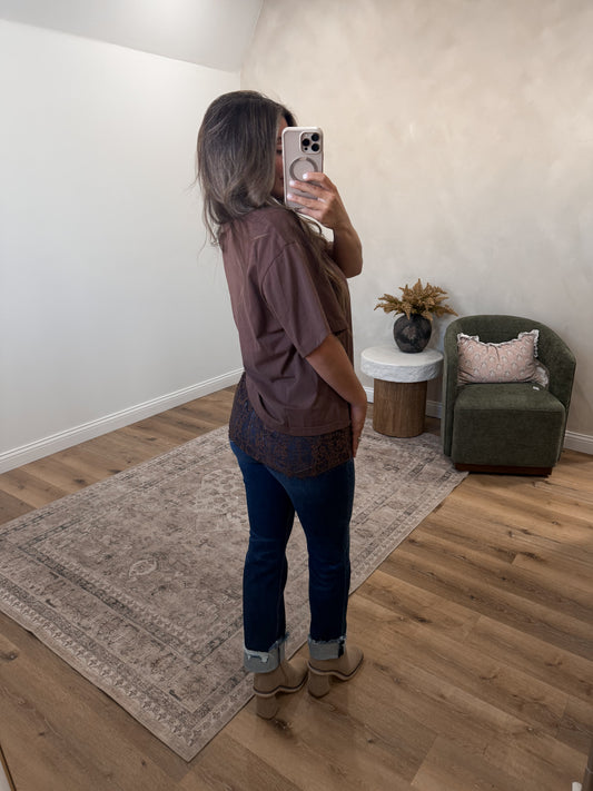 Same Wavelength Lace Asymmetrical Top - chocolate