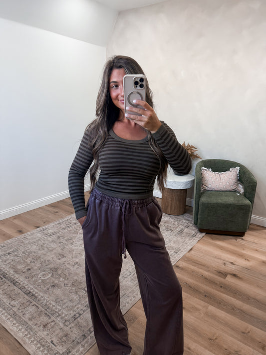 Retro Striped Long Sleeve Scoop Neck Top - earth olive