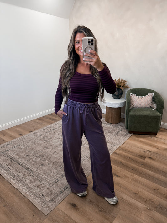 No Rush wide leg Mineral Washed Lounge Pants - dark cherry
