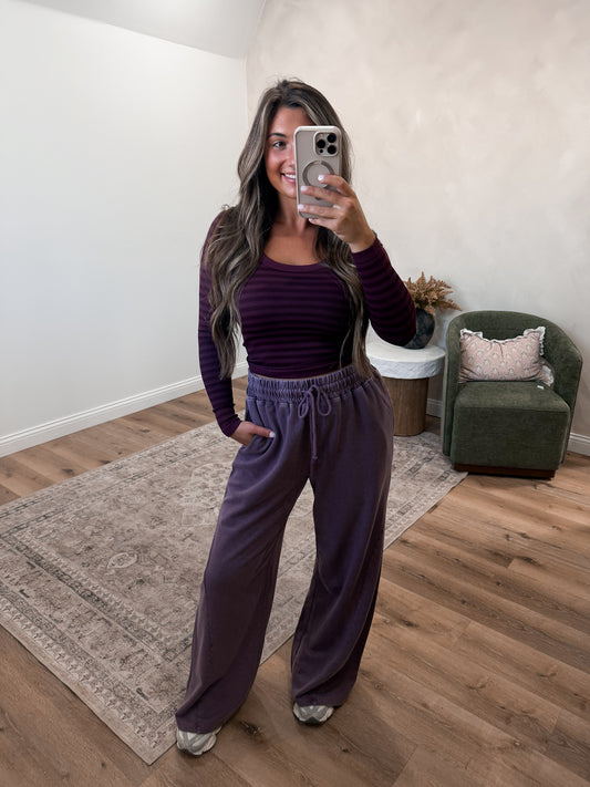 Retro Striped Long Sleeve Scoop Neck Top - raisin