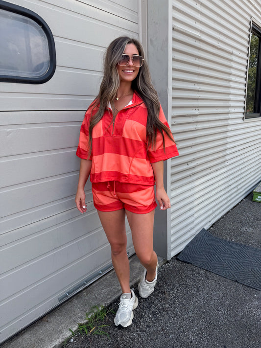 Vintage Striped Half Zip Shorts Set - red/coral