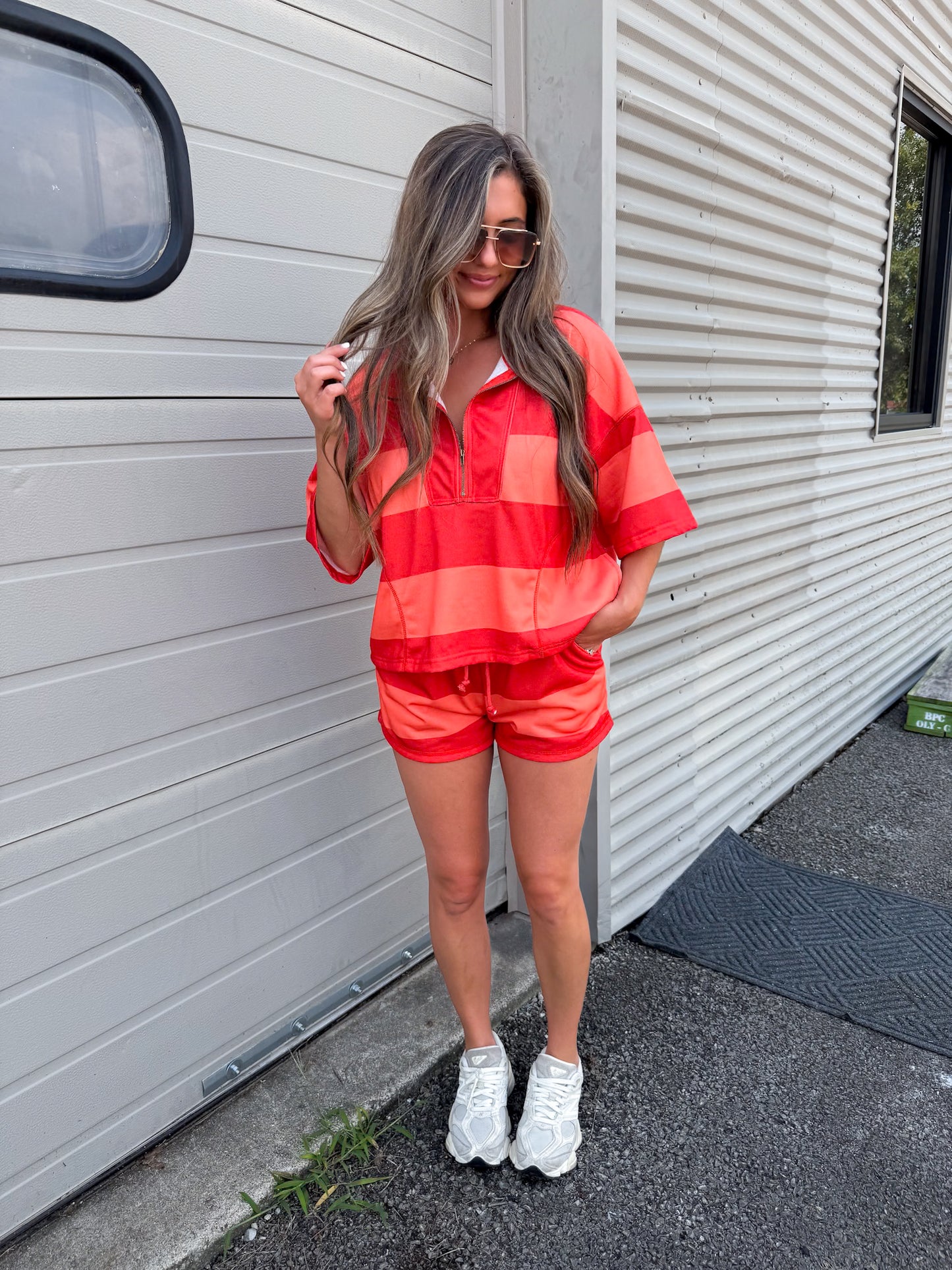 Vintage Striped Half Zip Shorts Set - red/coral