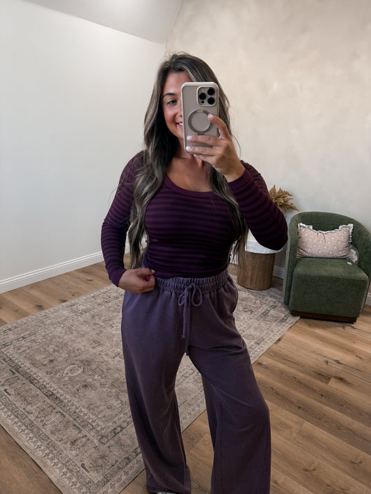 Retro Striped Long Sleeve Scoop Neck Top - raisin