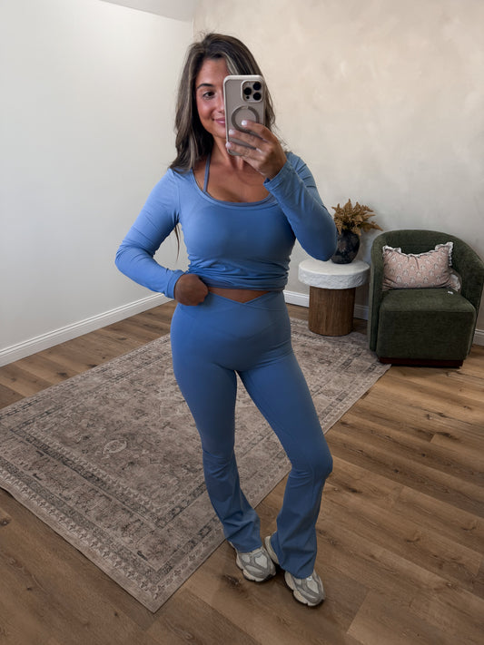 Active State Crossover Flare Leggings - dusty blue