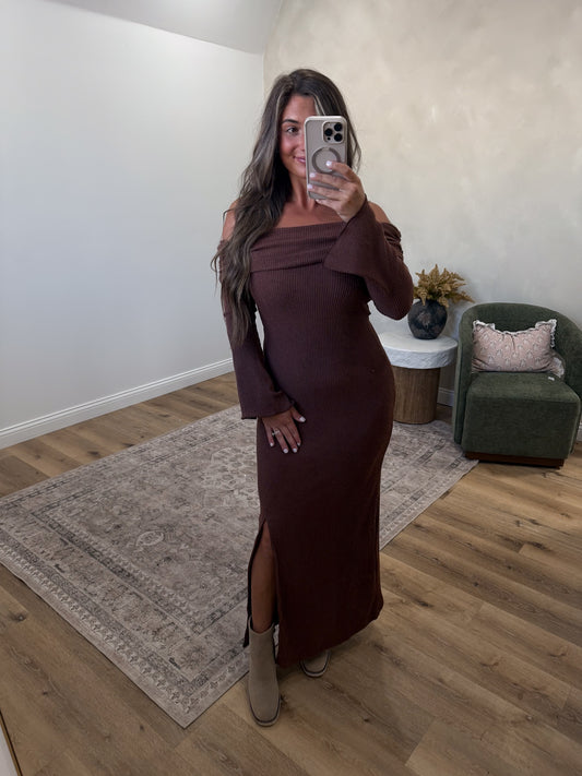 Read the Signs Off-Shoulder Maxi Dress - brown