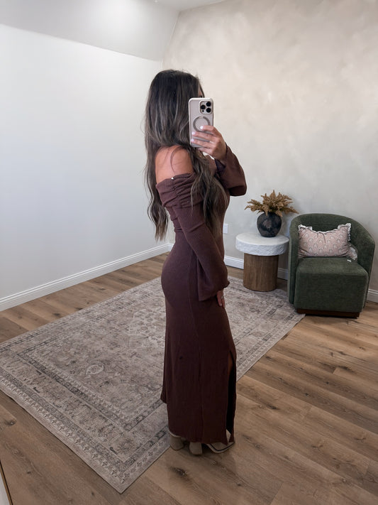 Read the Signs Off-Shoulder Maxi Dress - brown