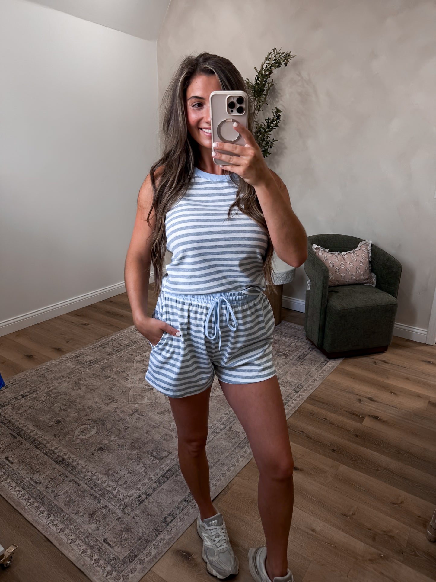 The Lydia Striped Casual Tank Set - grey/blue