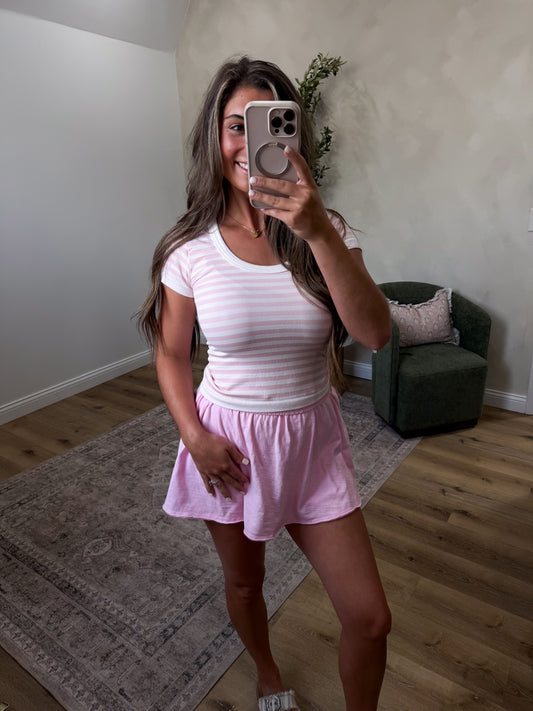 Retro Striped Scoop Neck Top - icy pink