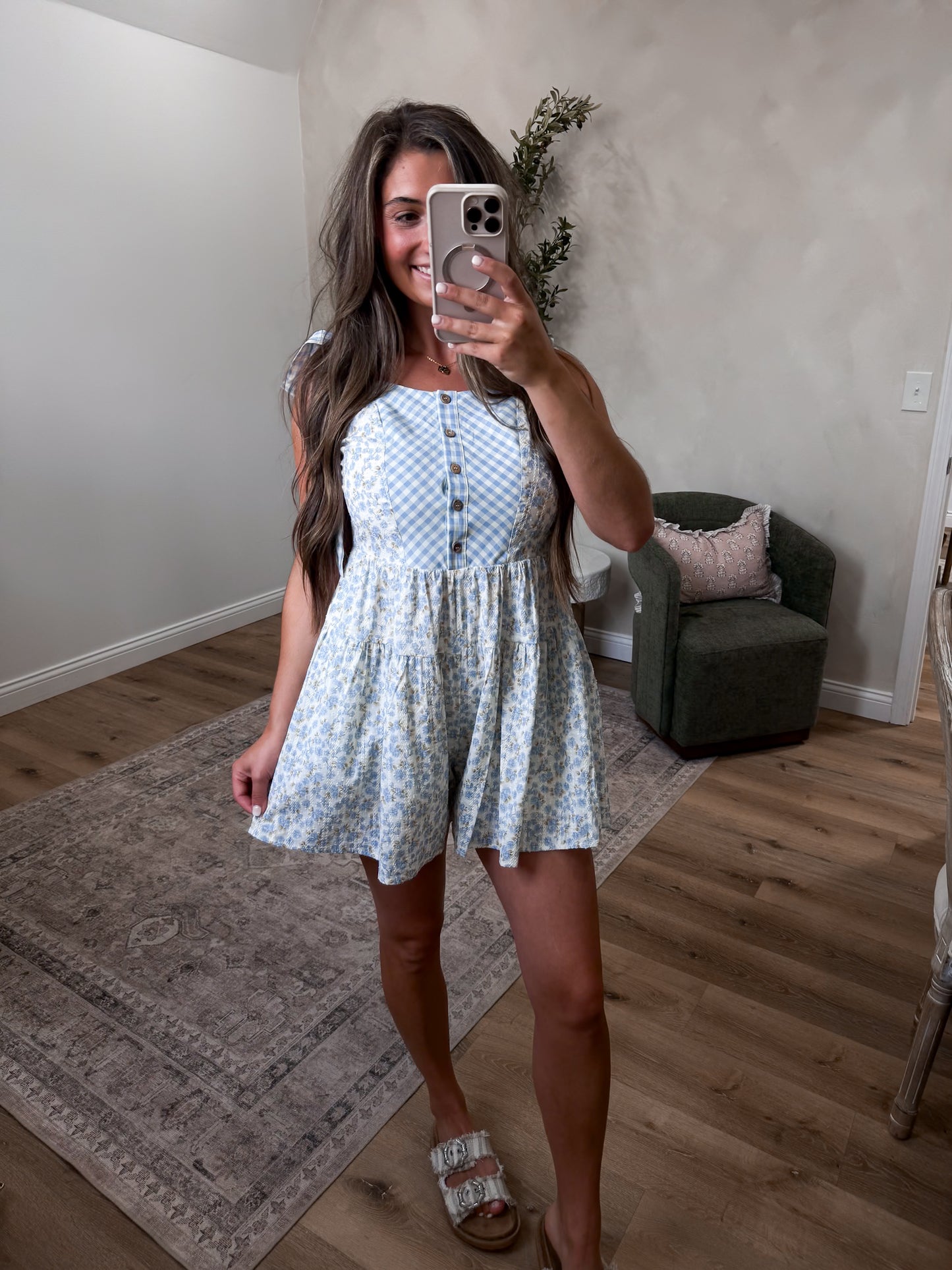 Cottage Dream Floral Gingham Romper - sky blue