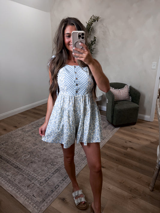 Cottage Dream Floral Gingham Romper - sky blue