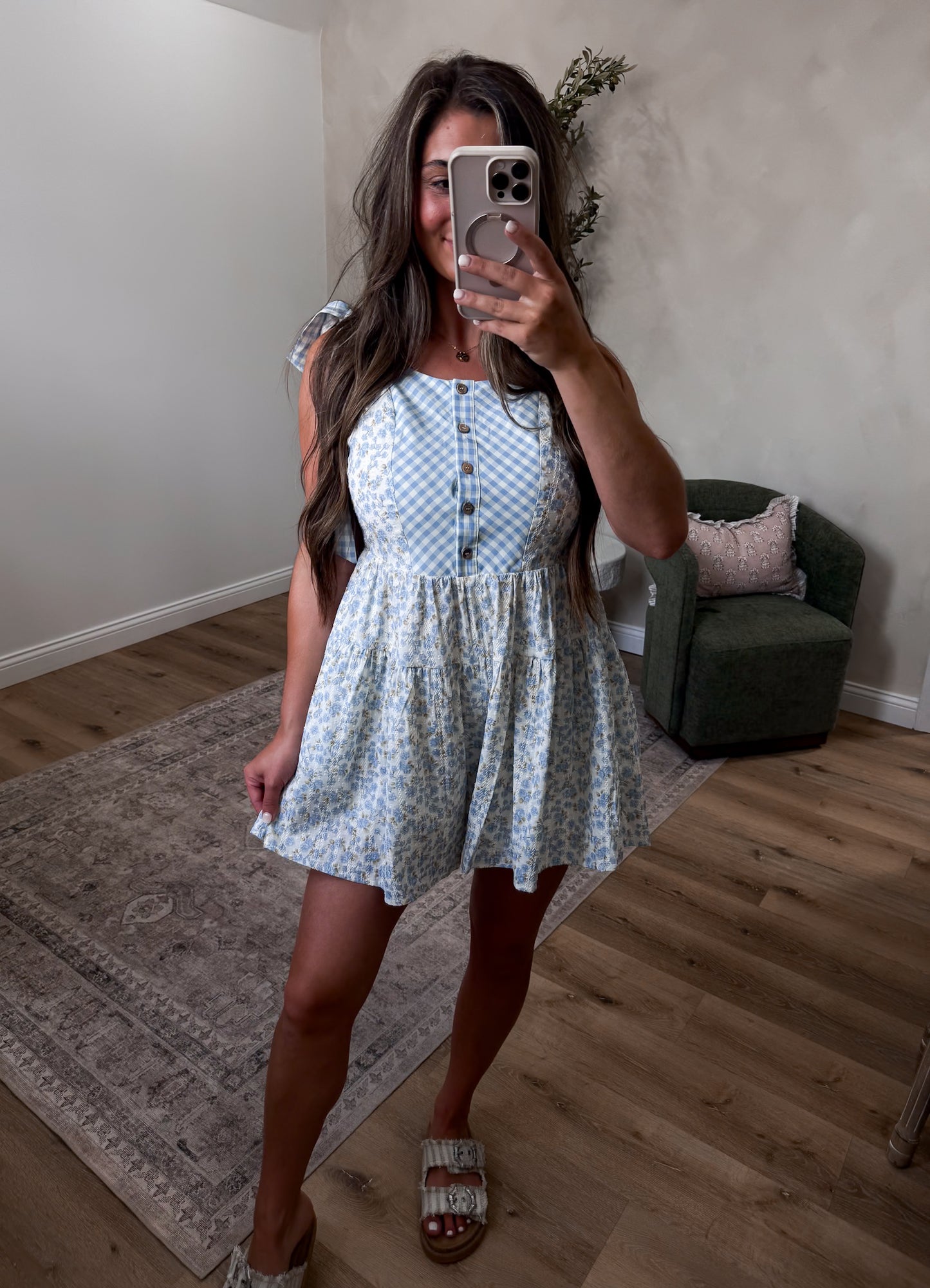 Cottage Dream Floral Gingham Romper - sky blue