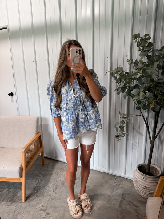 Dusty Blue Floral Babydoll Blouse