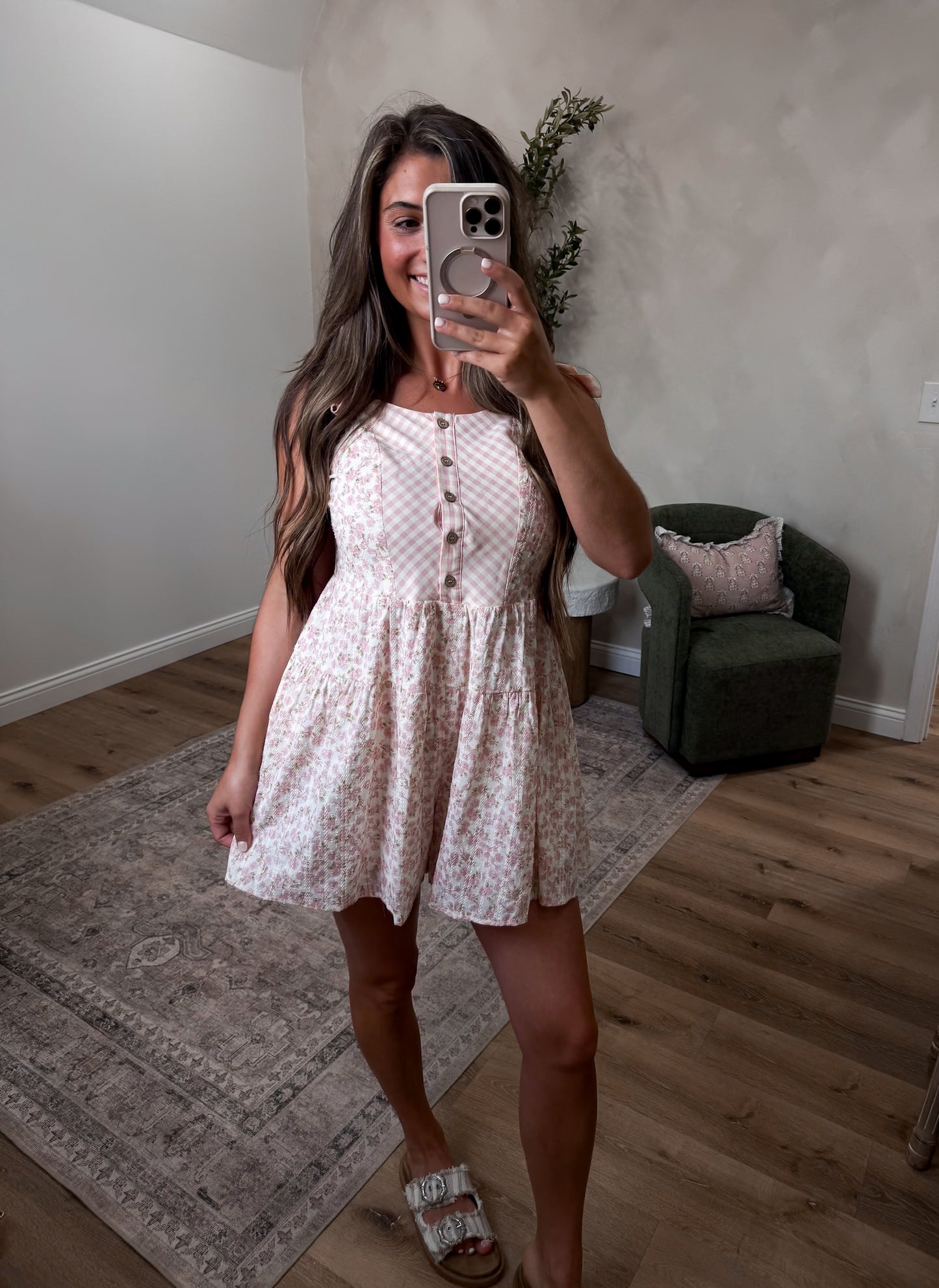 Cottage Dream Floral Gingham Romper - blush pink