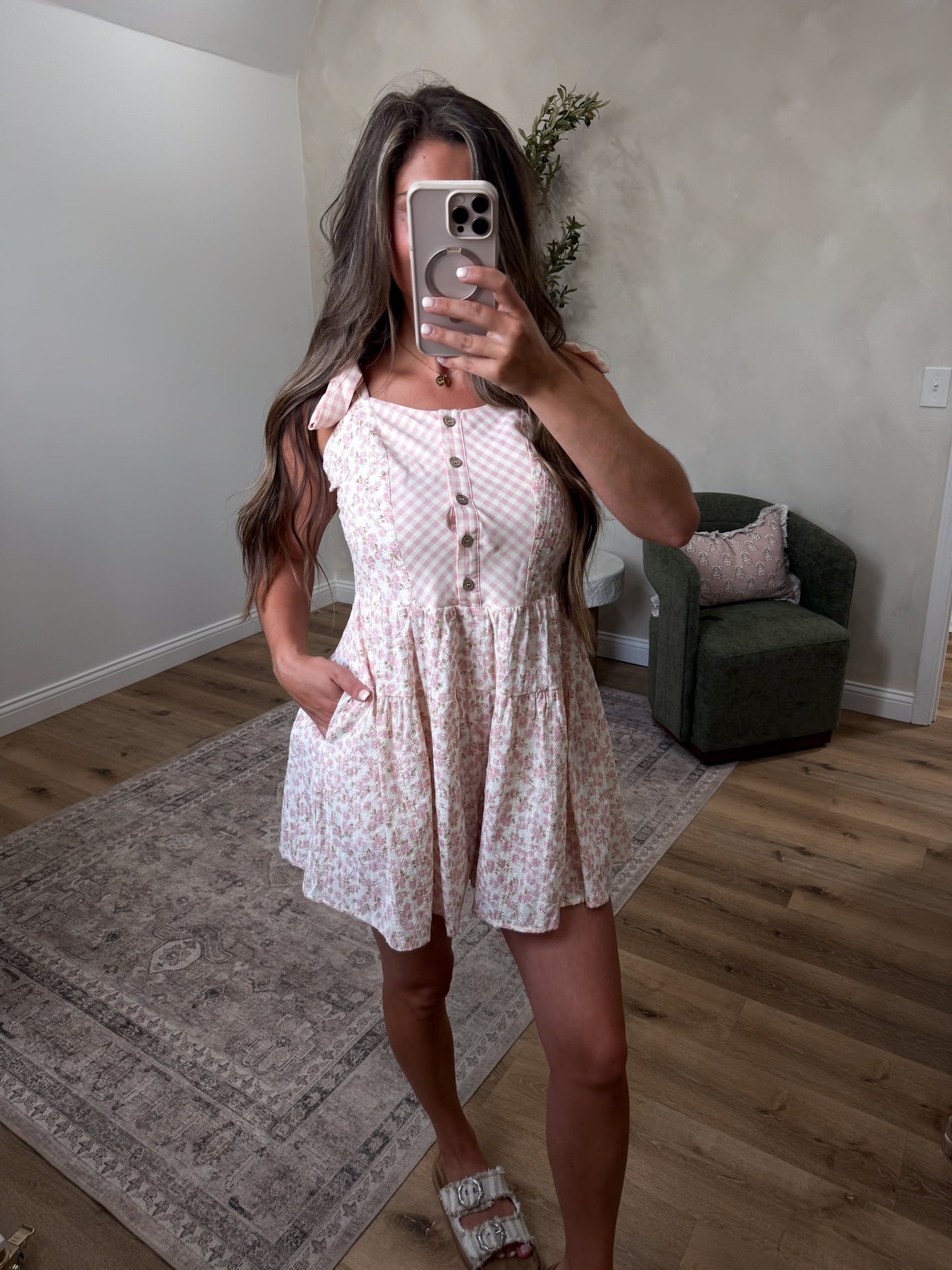 Cottage Dream Floral Gingham Romper - blush pink