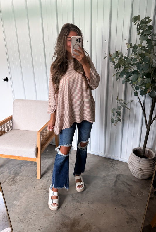 Bailey Striped Pullover- Taupe/cream