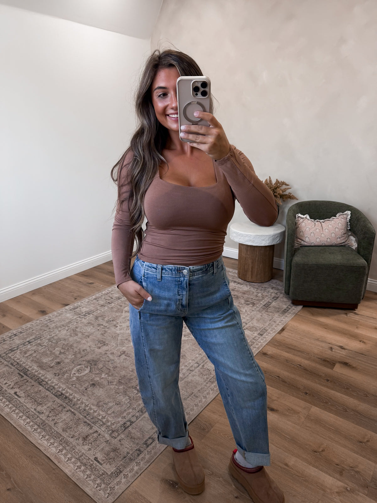 Square Neck Double Layered Long Sleeve - chocolate milk