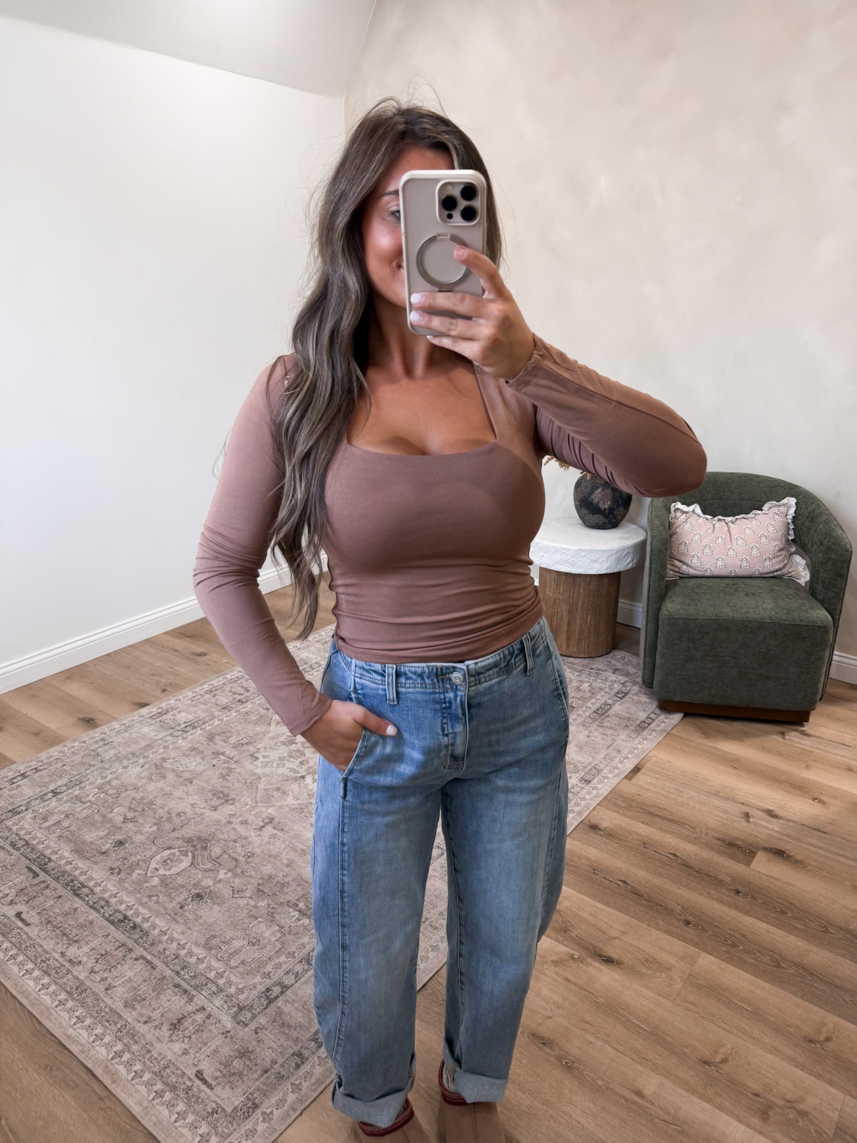 Square Neck Double Layered Long Sleeve - chocolate milk
