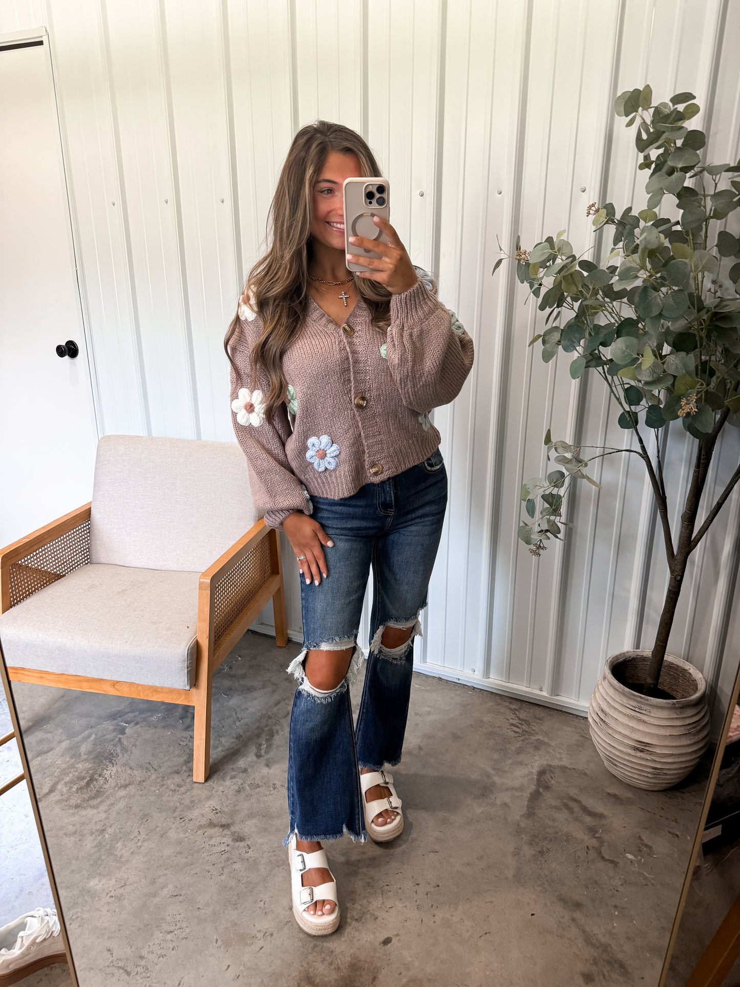 3D Floral Appliqué Cardigan- taupe