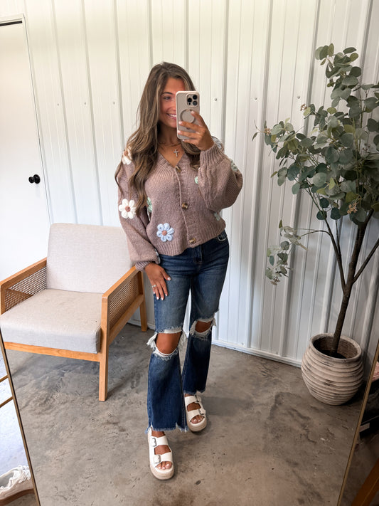 3D Floral Appliqué Cardigan- taupe
