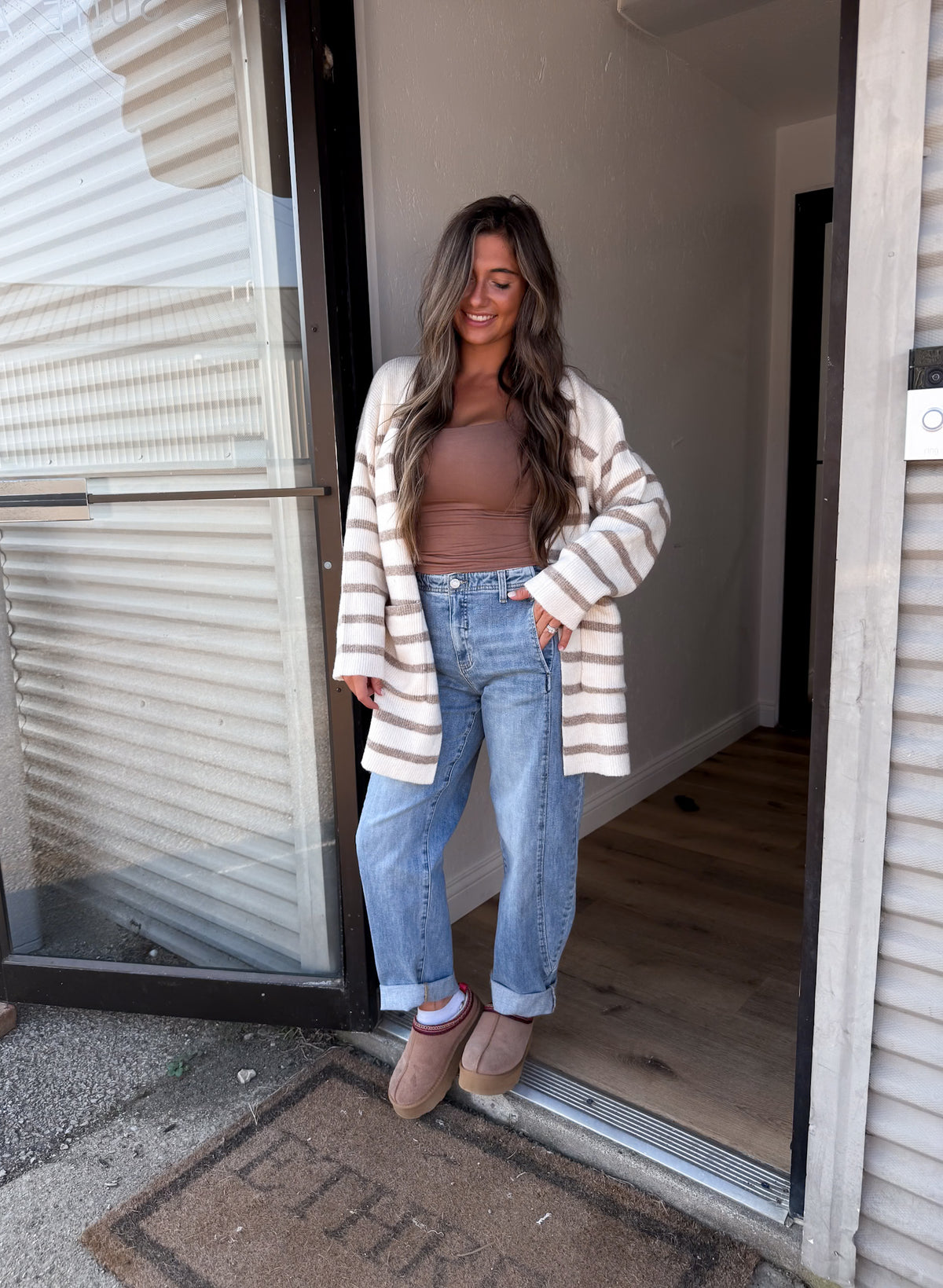 Stay In Open Front Stripe Cardigan - Cream / Taupe Stripe