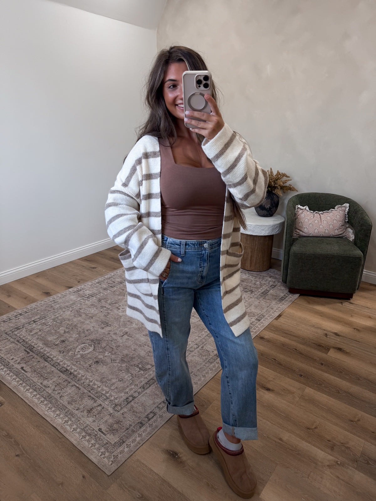 Stay In Open Front Stripe Cardigan - Cream / Taupe Stripe