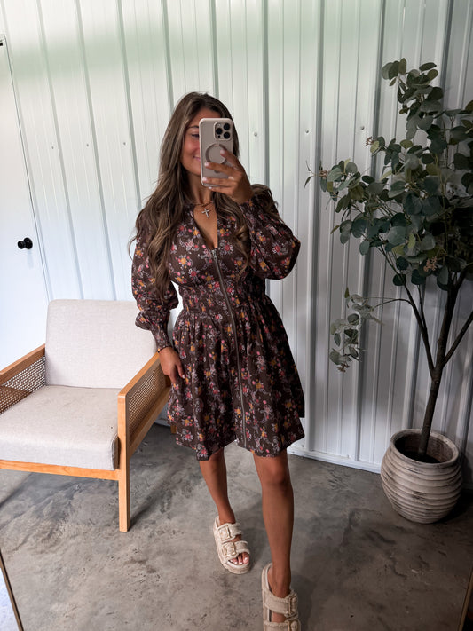Trina Zippered Mini Dress- Mocha Floral
