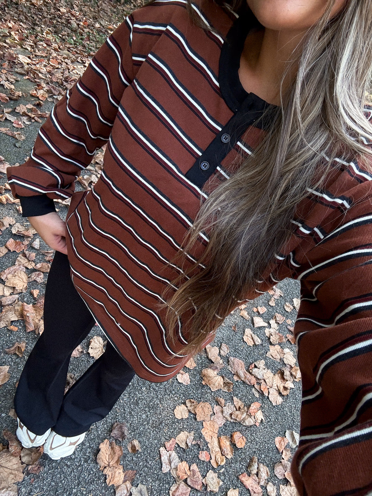 Campfire Striped Henley Top - brown