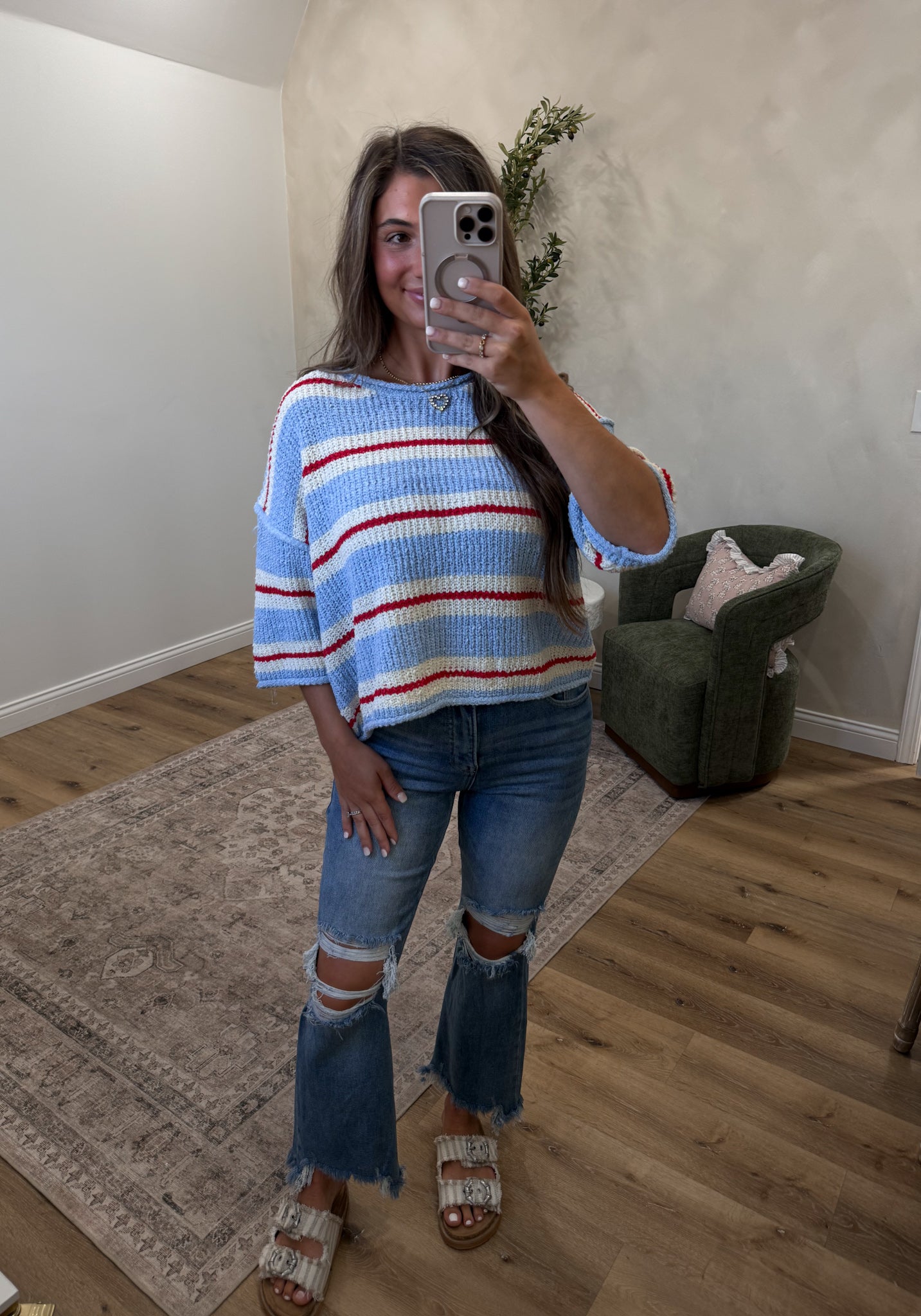 Aubrey Striped knit Tee - dusty blue/cream