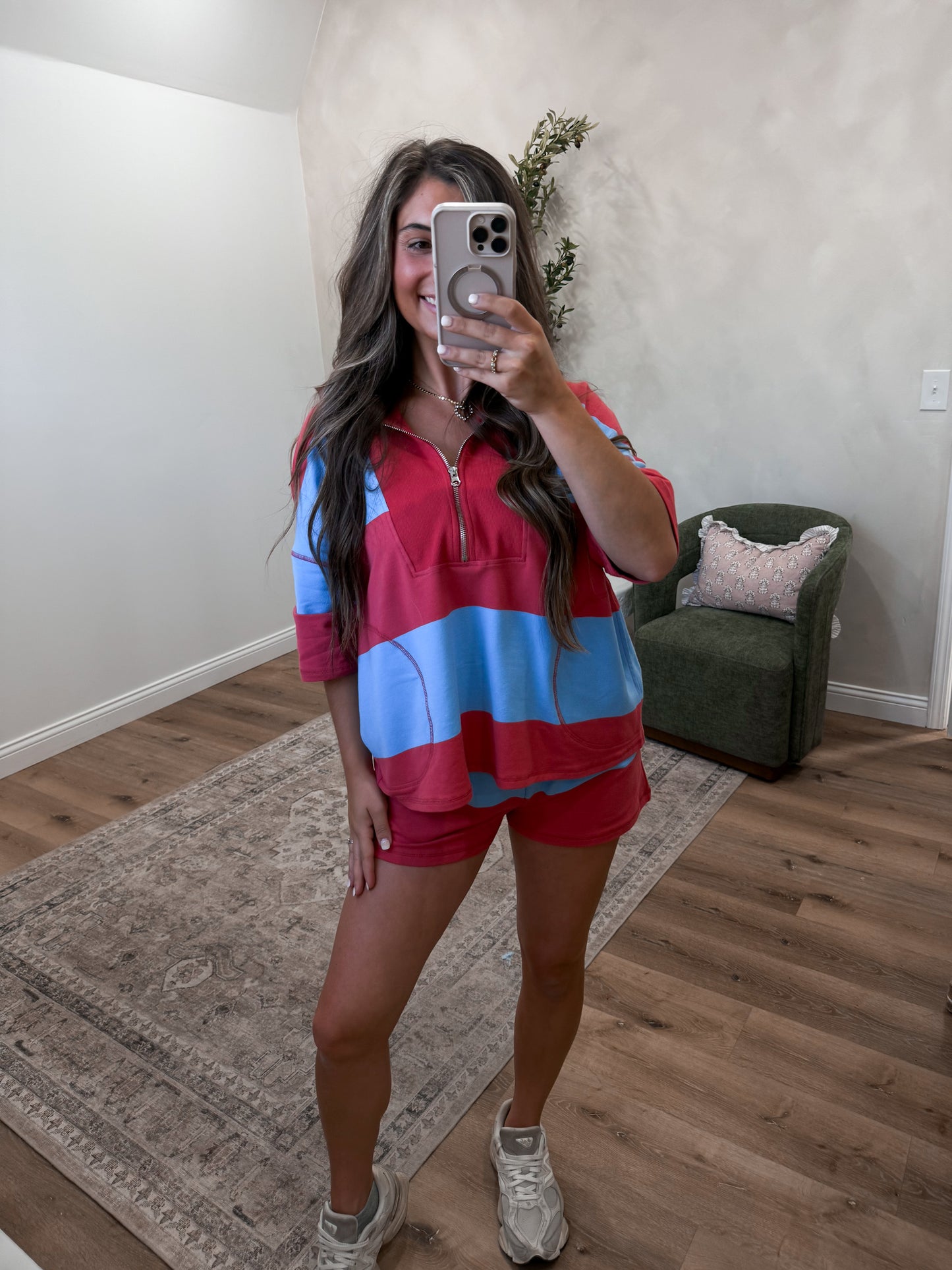 Happy Hour Striped Half Zip Set - blushed brick/blue