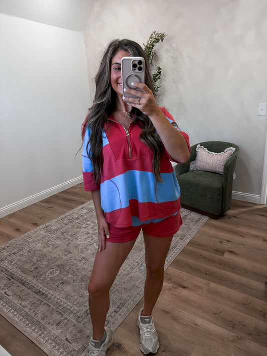 Happy Hour Striped Half Zip Set - blushed brick/blue