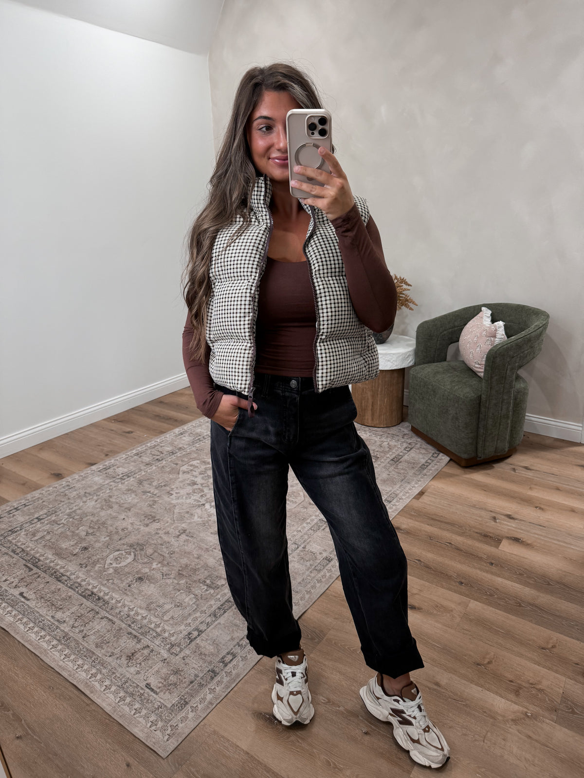 The Upgrade Gingham Puffer Vest - brown