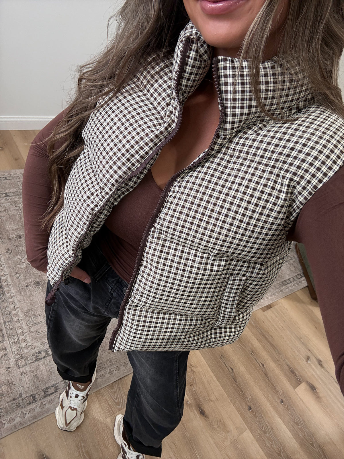 The Upgrade Gingham Puffer Vest - brown