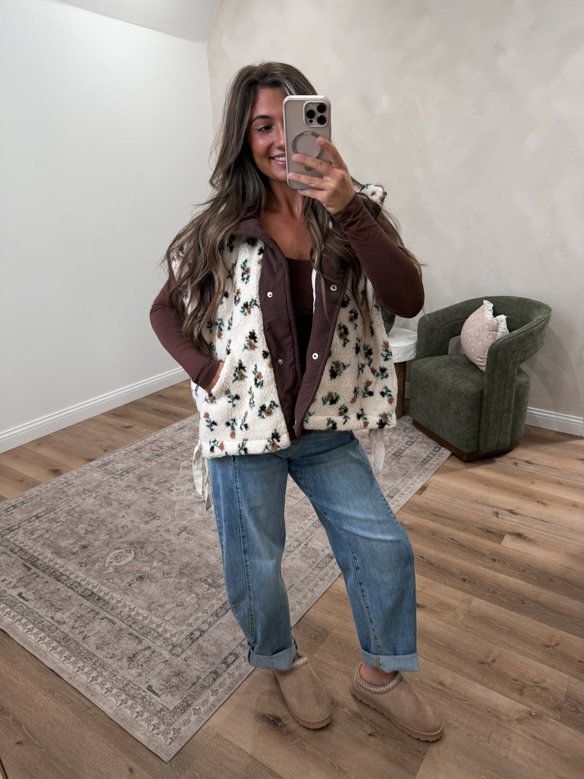 Golden Pines Floral Sherpa Vest - brown
